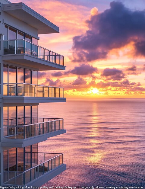 Photo a building with a balcony and a sunset in the background