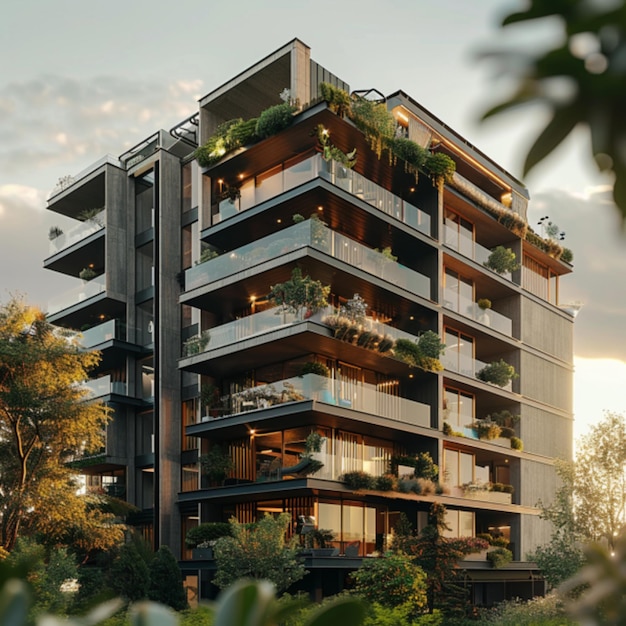 a building with a balcony that has plants on it