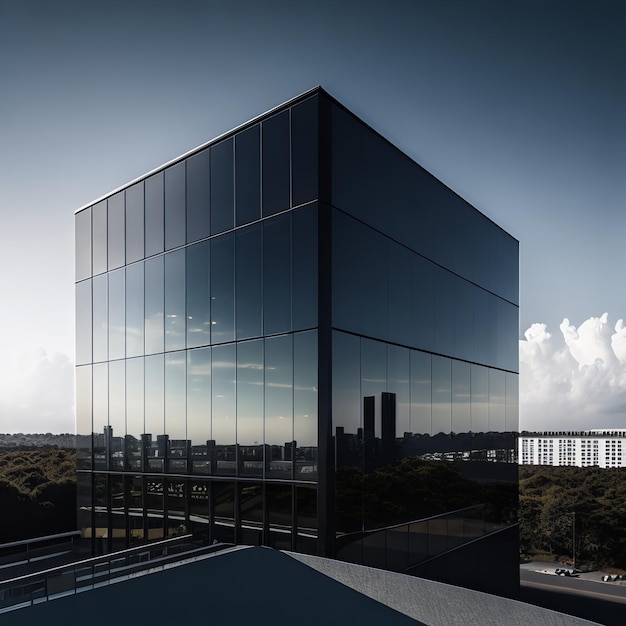 A building with a black glass facade and the sky is blue.