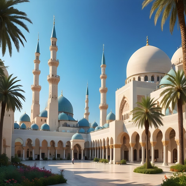 a building with a blue dome and palm trees in front of it