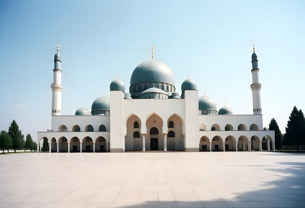 a building with a blue dome and a white roof with a blue sky behind it