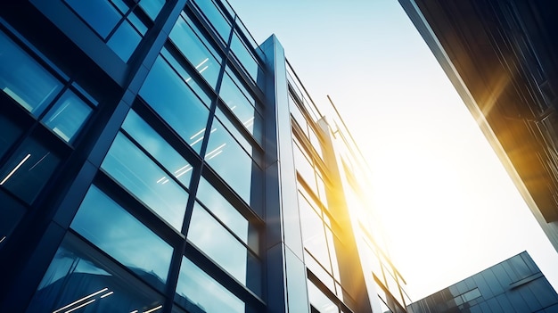 A building with a blue facade and the sun shining on it