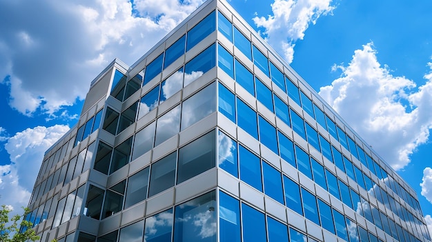 a building with a blue glass and white clouds in the sky