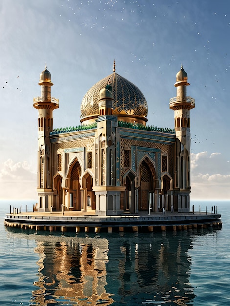 a building with a blue and gold dome on top is in the water