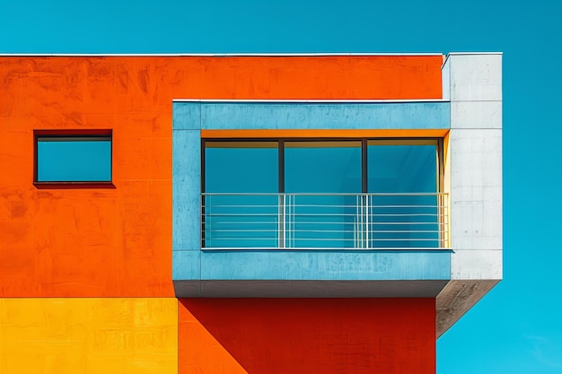 a building with a blue and orange exterior and a blue sky background