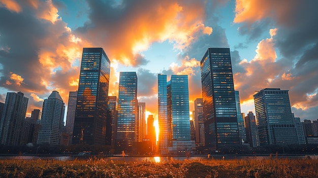 a building with a blue and orange sky and a colorful window