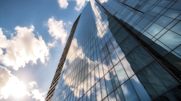 A building with a blue sky and clouds