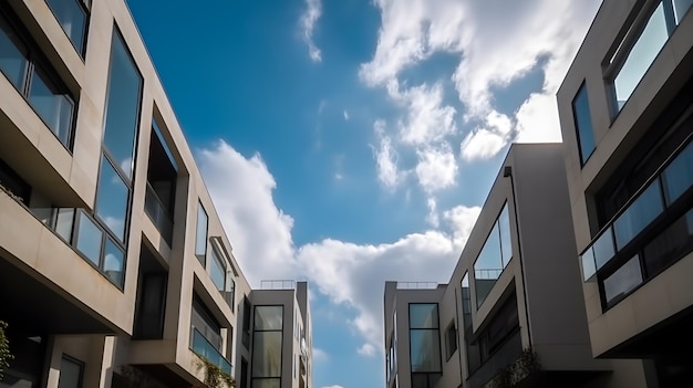 A building with a blue sky and clouds