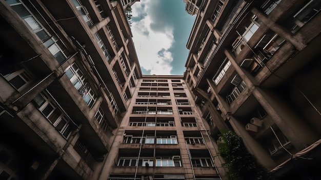 A building with a blue sky and clouds