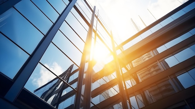 A building with a blue sky and the sun shining through the windows