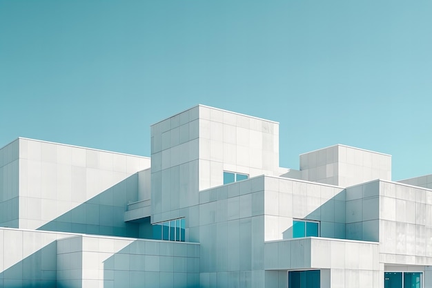 a building with a blue sky and white facade