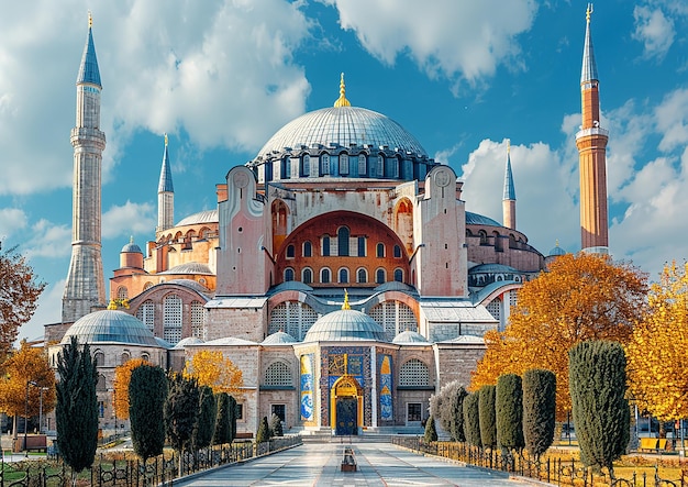 a building with a blue and white mosque on the top