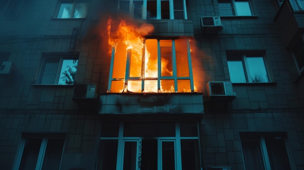 Photo a building with a burning window that has the word fire on it