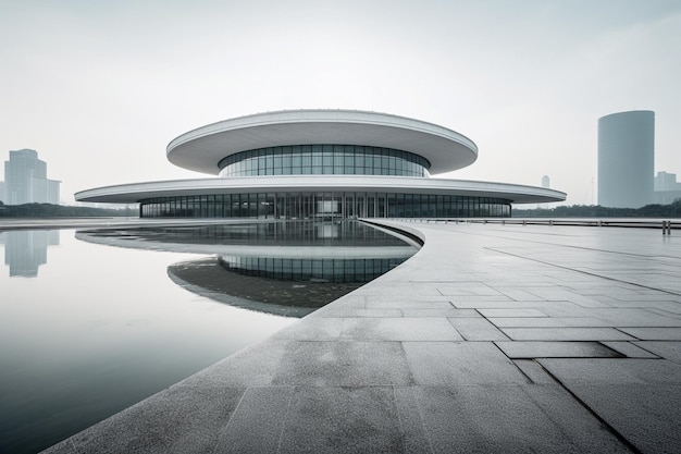 A building with a circular roof and a large circular building on the left.