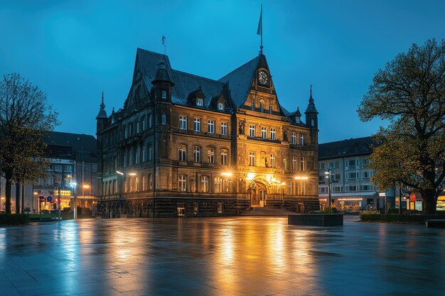 Photo a building with a clock on the top and a building that says  the time is 1  00