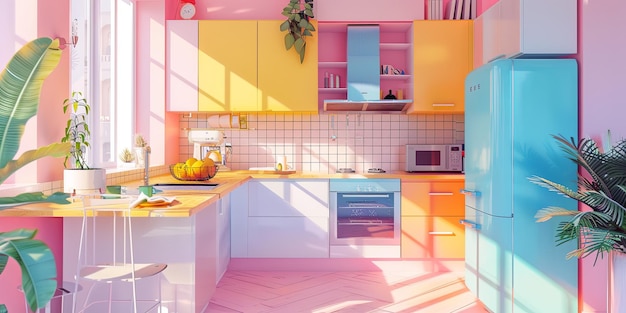 Building with a colorful facade pink yellow blue cabinets blue refrigerator