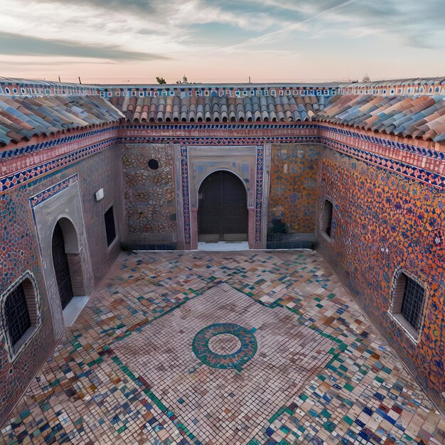 a building with a colorful mosaic tile pattern on the top