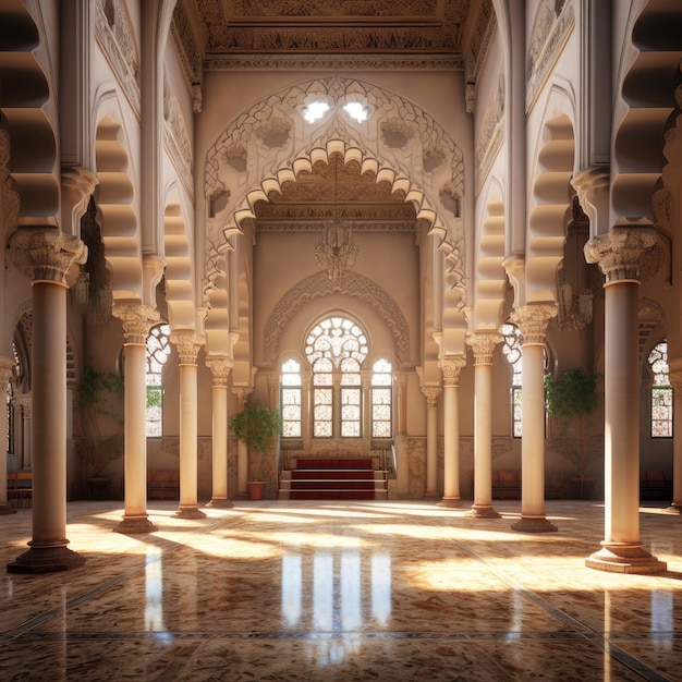 a building with columns and a large window with the sun shining through it.