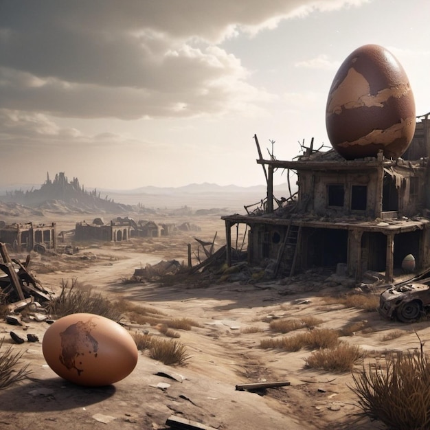 a building with a cracked roof and a large egg on the top