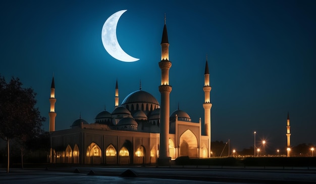 Photo a building with a crescent moon and a building with a crescent moon in the background