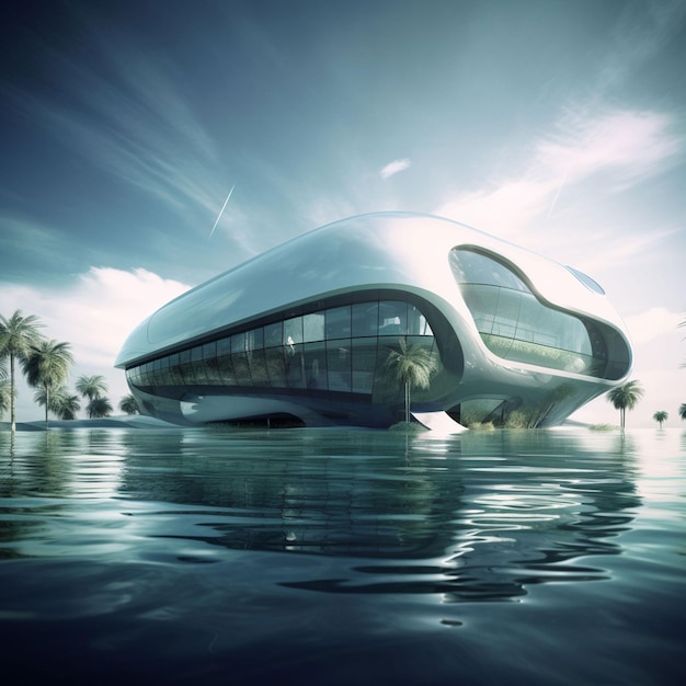 A building with a curved roof and a cloudy sky in the background.