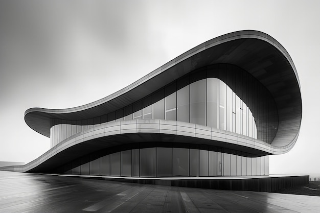 a building with a curved roof that says  modern  on the side