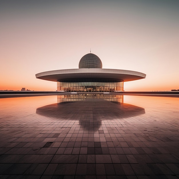 A building with a dome and a reflection of the building.