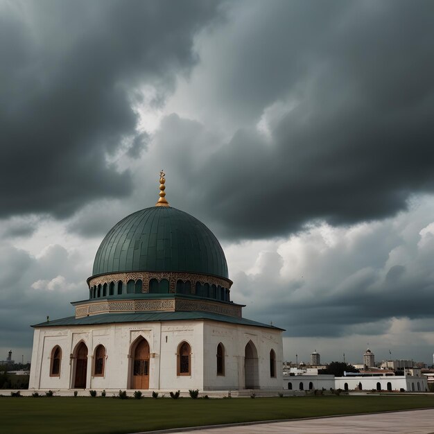 a building with a dome on the top and a dark cloudy sky above it