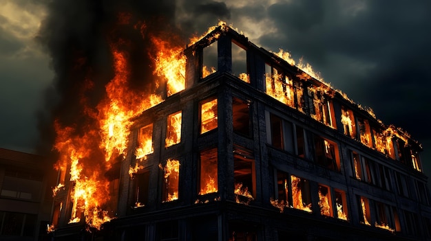 a building with a fire that has been burning