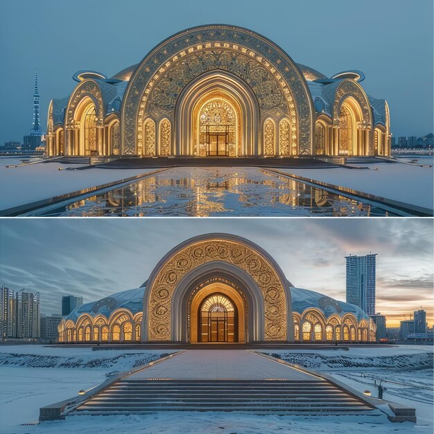 Photo a building with a fountain in front of it that has a fountain in front of it