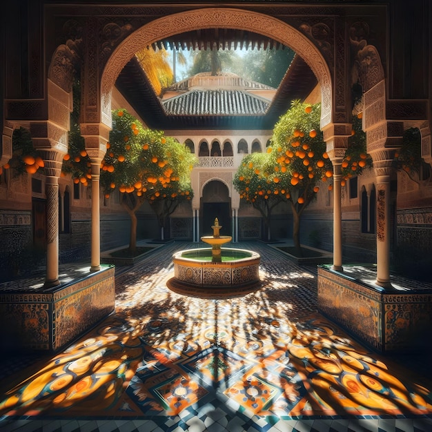 a building with a fountain in the middle Andalusian decor ai generator