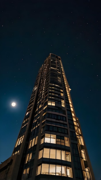 a building with a full moon in the sky