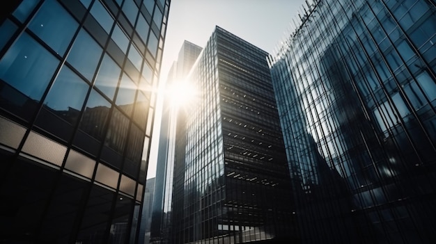 A building with a glass facade and the sun shining on it