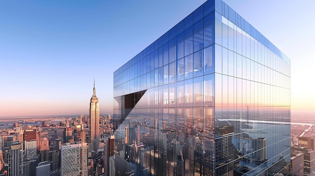 a building with a glass facade that says new york city