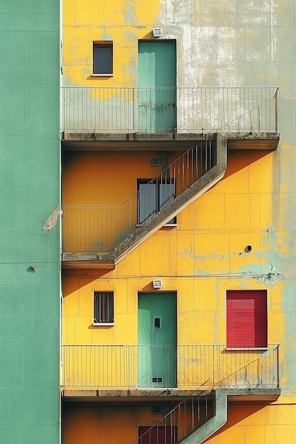 Photo a building with a green door and a red door with a yellow and green door