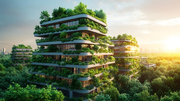 a building with a green roof is surrounded by trees and plants