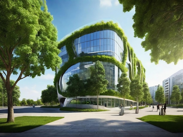 a building with a green roof is surrounded by trees