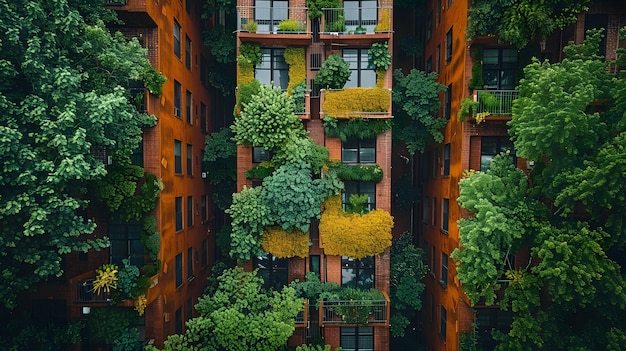 Photo a building with a green roof surrounded by trees and plants