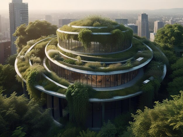 a building with a green roof that has a tree growing on it