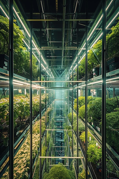 a building with a green roof and trees on the top