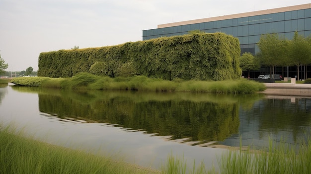 A building with a green wall and a building with a blue facade and a building with a lot of trees on it.