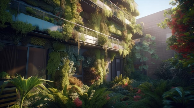 A building with a green wall and plants on it