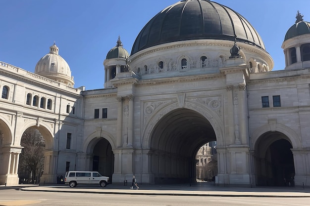 A building with a large archway and a large building with a large dome in the background