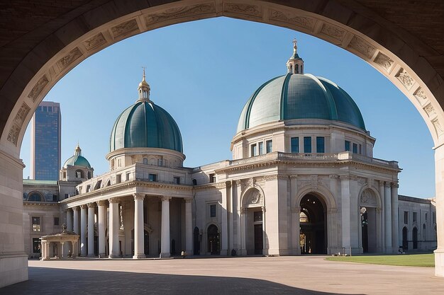 A building with a large archway and a large building with a large dome in the background