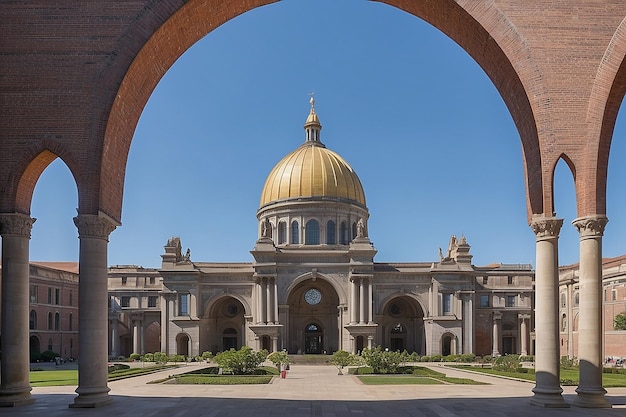 A building with a large archway and a large building with a large dome in the background