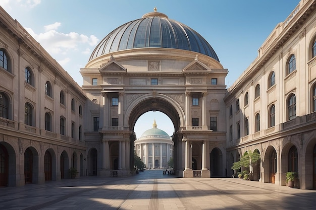 A building with a large archway and a large building with a large dome in the background