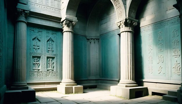 a building with a large column that says the name on it