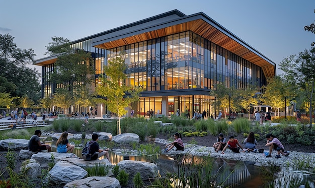 a building with a large glass facade that says the building