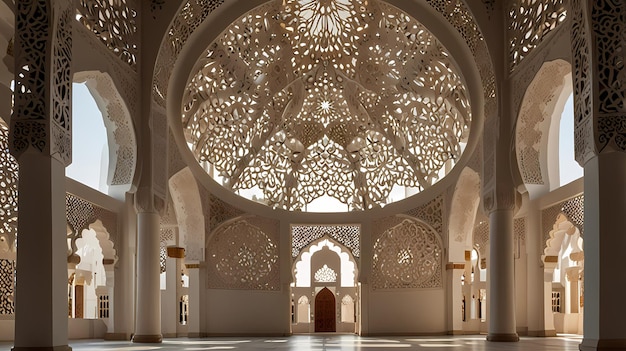 a building with a large ornate ceiling with a large dome that has a large arch that says the mosque