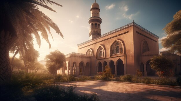 A building with a large tower and a palm tree in the foreground.